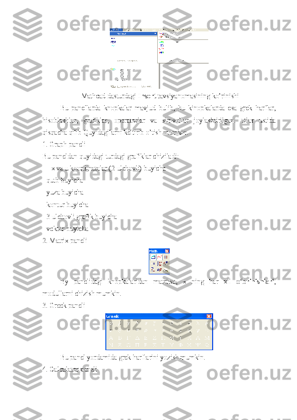  Mathcad dasturdagi  Insert  tavsiyanomasining ko’rinishi
Bu   panellarda   knopkalar   mavjud   bulib,   bu   kinopkalarda   esa   grek   harflar,
hisoblashlar,   grafiklar,   operatorlar   va   simvollar   joylashtirilgan.   Ular   ustida
qisqacha qilib Quyidagilarni keltirib  o ’tish mumkin.
1. Graph paneli
Bu   paneldan   quyidagi   turdagi   grafiklar   chiziladi :
— x va u koordinatalar (2 ulchovli) buyicha
- qutb buyicha
- yuza buyicha
- kontur buyicha
- 3 ulchovli grafik buyicha
- vektor buyicha
2. Matrix paneli
By   panelidagi   knopkalaridan   matritsa,   x   ning   har   xil   o’brinishlari ,
modullarni chizish mumkin.
3. Greek paneli
Bu panel yordamida grek harflarini yozish mumkin.
4. Calculator paneli 