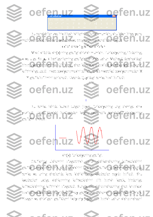 Bu panel bilan zsa hisoblash ishlarini bajarish mumkin, shu bilan birga yana
math, modifier, boolean, evalution va programming panellari mavjud.
 Ikki o’lchovli grafikni chizish
Misol sifatida sin(x) ning grafigi chizish mumkin. Funktsiyaning, ifodaning,
x   va   u   ga   6 OFAHK   berilganlarning   grafigini   chizish   uchun   Mathcad   darchasidagi
biror joyga sichqonchaa olib borib, chap knopkasini bosiladi va shu joyda kursor 4
ko’rinishga utadi. Insert tavsiyanomasini tanlab,  Graph  vertikal tavsiyanomadan X
— Y grafik bo’limini tanlanadi. Ekranda Quyidagi ramka hosil bo’ladi:
Bu   ramka   ichida   kursor   turgan   joyga   funktsiyaning   ung   qismiga   sinx
yoziladi.   Enter   klavishi   bosilgandan   keyin,   av tomatik   ravishda   funktsiyaning
grafigini chizadi.
 sin(x) funktsiyaning grafigi.
Grafikning   ulchamini   o’zgartirish   uchun   sichkenchaning   ko’rsatkichini
grafikni ustiga olib borib, chap klavishini bosiladi.  Grafikning hamma tomonlarida
ramka   va   uning   chetlarida   kora   kichkinagina   kvadratlar   paydo   bo’ladi.   Shu
kvadratlari   ustiga   sichkonning   ko’rsatkichini   olib   borish   kerak,   birdaniga
ko’rsatkichning   ko’rinishi   o’zgaradi.   Sungra   esa   sichqonchaaning   chap   knopkasi
bosiladi   va  knopkani   quyib  yubormay   grafikning  ulchamini   o’zgartirish   mumkin.
Yozgan   va   chizilgan   grafiklarni   ixtiyoriy   joyga   olib   borish   uchun   sichqonchaani 