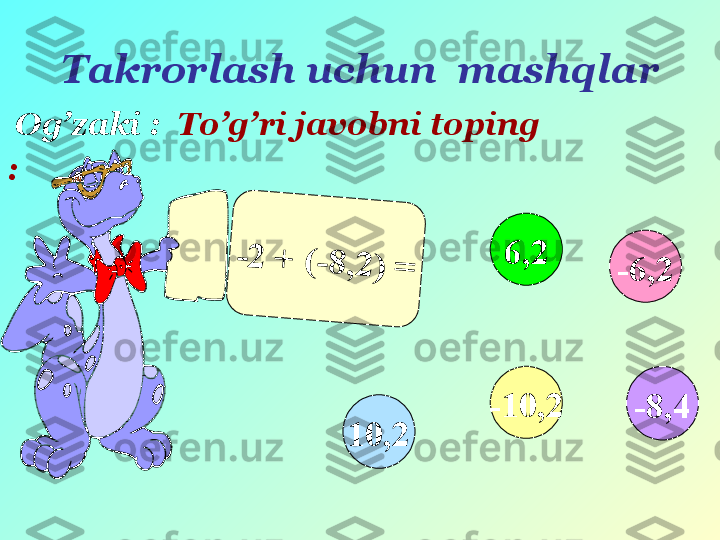 Takrorlash uchun  mashqlar
  Og’zaki :    To’g’ri javobni toping
:-	2	 +	 (	-	8	,2	)	 =
-6,26,2
10,2 -10,2
-8,4 