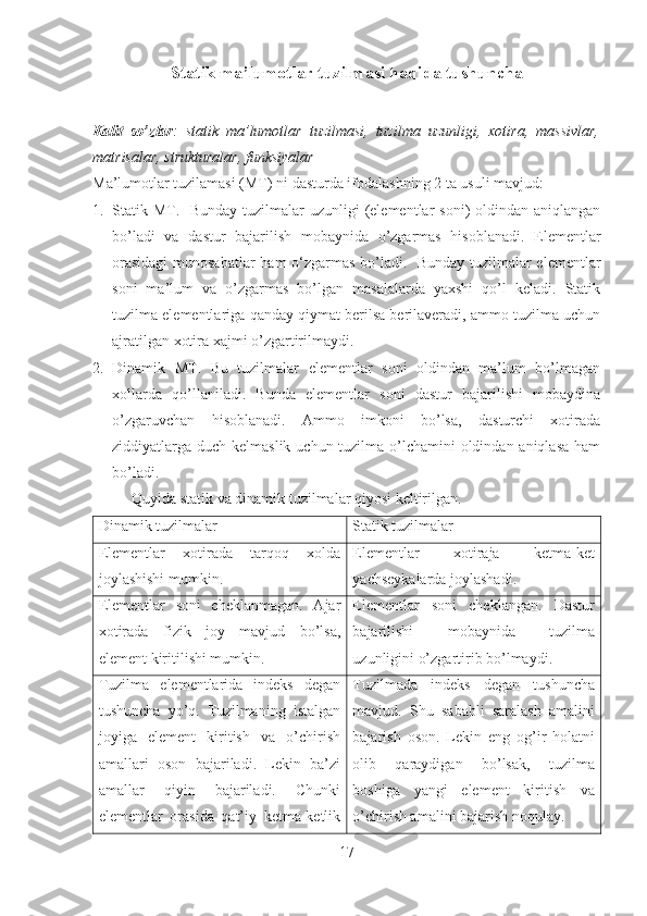 Statik ma’lumotlar tuzilmasi haqida tushuncha
Kalit   so’zlar :   statik   ma’lumotlar   tuzilmasi,   tuzilma   uzunligi,   xotira,   massivlar,
matrisalar, strukturalar, funksiyalar
Ma’lumotlar tuzilamasi (MT) ni dasturda ifodalashning 2 ta usuli mavjud:
1. Statik MT.   Bunday tuzilmalar  uzunligi  (elementlar  soni)  oldindan aniqlangan
bo’ladi   va   dastur   bajarilish   mobaynida   o’zgarmas   hisoblanadi.   Elementlar
orasidagi  munosabatlar  ham o‘zgarmas bo’ladi.   Bunday tuzilmalar elementlar
soni   ma’lum   va   o’zgarmas   bo’lgan   masalalarda   yaxshi   qo’l   keladi.   Statik
tuzilma elementlariga qanday qiymat berilsa berilaveradi, ammo tuzilma uchun
ajratilgan xotira xajmi o’zgartirilmaydi.  
2. Dinamik   MT.   Bu   tuzilmalar   elementlar   soni   oldindan   ma’lum   bo’lmagan
xollarda   qo’llaniladi.   Bunda   elementlar   soni   dastur   bajarilishi   mobaydina
o’zgaruvchan   hisoblanadi.   Ammo   imkoni   bo’lsa,   dasturchi   xotirada
ziddiyatlarga duch kelmaslik uchun tuzilma o’lchamini oldindan aniqlasa ham
bo’ladi. 
Quyida statik va dinamik tuzilmalar qiyosi keltirilgan.
Dinamik tuzilmalar Statik tuzilmalar
Elementlar   xotirada   tarqoq   xolda
joylashishi mumkin. Elementlar   xotiraja   ketma-ket
yachseykalarda joylashadi.
Elementlar   soni   cheklanmagan.   Ajar
xotirada   fizik   joy   mavjud   bo’lsa,
element kiritilishi mumkin.  Elementlar   soni   cheklangan.   Dastur
bajarilishi   mobaynida   tuzilma
uzunligini o’zgartirib bo’lmaydi. 
Tuzilma   elementlarida   indeks   degan
tushuncha   yo’q.   Tuzilmaning   istalgan
joyiga   element   kiritish   va   o’chirish
amallari   oson   bajariladi.   Lekin   ba’zi
amallar   qiyin   bajariladi.   Chunki
elementlar   orasida   qat’iy   ketma-ketlik Tuzilmada   indeks   degan   tushuncha
mavjud.   Shu   sababli   saralash   amalini
bajarish   oson.   Lekin   eng   og’ir   holatni
olib   qaraydigan   bo’lsak,   tuzilma
boshiga   yangi   element   kiritish   va
o’chirish amalini bajarish noqulay. 
17 