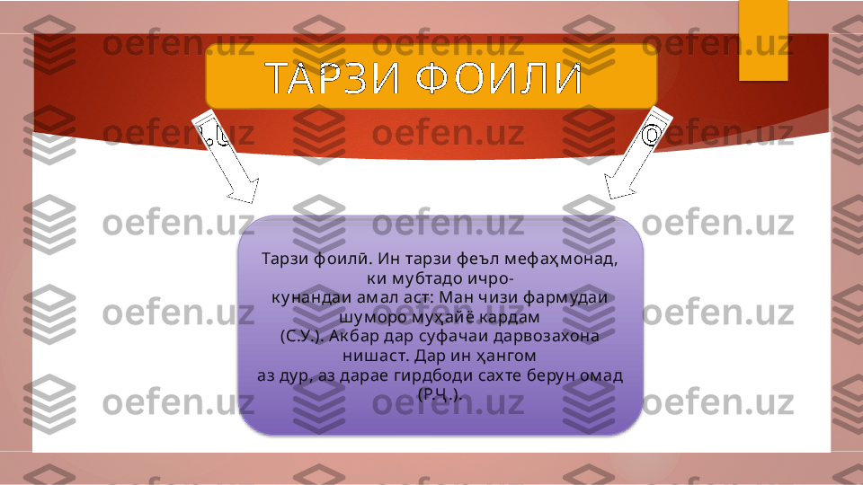 ТА РЗИ Ф ОИЛИ 
Тарзи  ф оилӣ . Ин тарзи ф еъл м еф аҳ м онад , 
к и м у бтадо ичро-
к у нандаи  ам ал аст: Ман ч изи ф арм удаи  
ш у м оро м у ҳ айё к ардам
(С.У.). Ак бар дар суф ачаи дарвозахона 
ниш аст. Дар ин ҳ ангом
аз ду р, аз дарае ги рдбоди сах те беру н ом ад 
(Р.Ҷ .).          