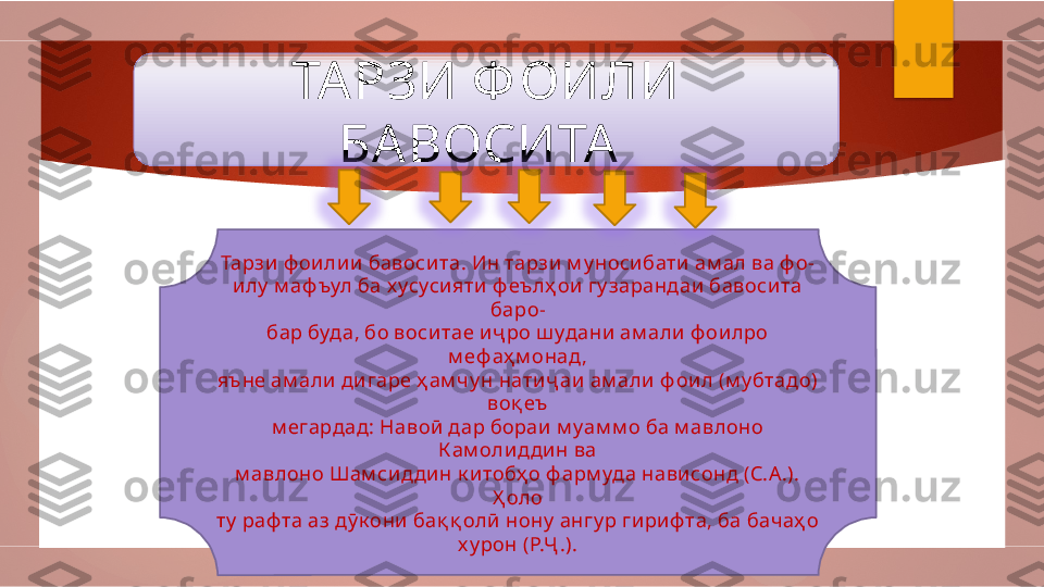 ТА РЗИ Ф ОИЛИ 
БА ВОСИТА  
Тарзи  ф оили и бавоси та. Ин тарзи м у носи бати ам ал ва ф о-
илу  м аф ъул ба х усуси яти ф еъ лҳ ои гу зарандаи бавосита 
баро-
бар буда, бо воситае иҷ ро ш удани  ам али ф оилро 
м еф аҳ м онад ,
яъне ам али дигаре ҳ ам ч у н натиҷ аи ам али ф оил (м у бтадо) 
воқ еъ
м егардад: Навоӣ  дар бораи  м у ам м о ба м авлоно 
К ам олиддин ва
м авлоно Шам сид дин к итобҳ о ф арм уда нависонд (С.А .). 
Ҳ оло
ту  раф та аз дӯ к они бақ қ олӣ  нону  ангу р гириф та, ба бачаҳ о
х у рон (Р.Ҷ .).         