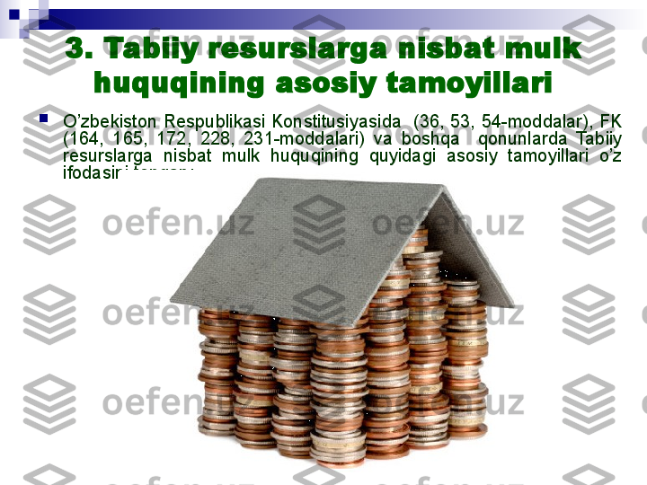 3. Tabiiy resurslarga nisbat mulk 
huquqining asosiy tamoyillari

O’zbekiston  Respublikasi  Konstitusiyasida    (36,  53,  54-moddalar),  FK 
(164,  165,  172,  228,  231-moddalari)  va  boshqa    qonunlarda  Tabiiy 
resurslarga  nisbat  mulk  huquqining  quyidagi  asosiy  tamoyillari  o’z 
ifodasini topgan:
  