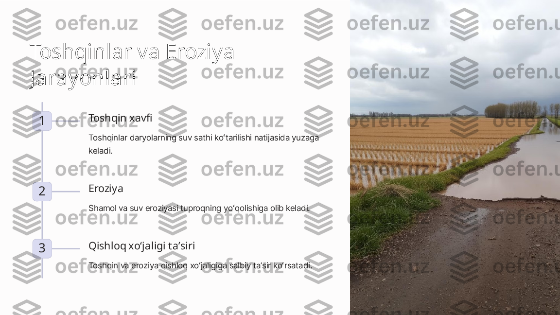 Toshqinlar va Eroziya 
Jarayonlari
1 Toshqin xavfi
Toshqinlar daryolarning suv sathi koʻtarilishi natijasida yuzaga 
keladi.
2 Eroziya
Shamol va suv eroziyasi tuproqning yoʻqolishiga olib keladi.
3 Qishloq xoʻjaligi taʼsiri
Toshqin va eroziya qishloq xoʻjaligiga salbiy taʼsir koʻrsatadi. 