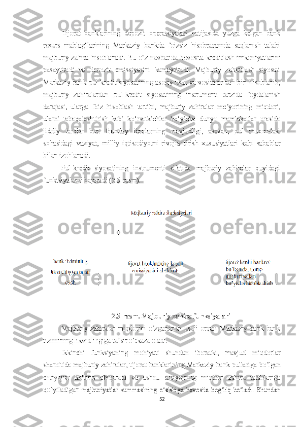 Tijorat   banklarining   depozit   operatsiyalari   natijasida   yuzga   kelgan   bank
resurs   mablag‘larining   Markaziy   bankda   foizsiz   hisobraqamda   saqlanish   talabi
majburiy zahira hisoblanadi. Bu o‘z navbatida bevosita kreditlash imkoniyatlarini
pasaytiradi   va   depozit   emissiyasini   kamaytiradi.   Majburiy   zahiralash   siyosati
Markaziy bank pul-kredit siyosatining asosiy usul va vositalaridan biri hisoblanib,
majburiy   zahiralardan   pul-kredit   siyosatining   instrumenti   tarzida   foydalanish
darajasi,   ularga   foiz   hisoblash   tartibi,   majburiy   zahiralar   me yorining   miqdori,ʼ
ularni   tabaqalashtirish   kabi   ko‘rsatkichlar   bo‘yicha   dunyo   mamlakatlar   orasida
jiddiy   farqlar   bor.   Bunday   farqlarning   mavjudligi,   asosan,   pul   muomalasi
sohasidagi   vaziyat,   milliy   iqtisodiyotni   rivojlantirish   xususiyatlari   kabi   sabablar
bilan izohlanadi.
Pul-kredit   siyosatining   instrumenti   sifatida   majburiy   zahiralar   quyidagi
funktsiyalarni bajaradi (2.5-rasm).
2.5-rasm. Majburiy zahira funksiyalari
Majburiy   zahiralar   miqdorini   o zgartirish   usuli   orqali   Markaziy   bank   bank	
ʻ
tizimining likvidliligiga ta’sir o‘tkaza oladi.
Ikkinchi   funksiyaning   mohiyati   shundan   iboratki,   mavjud   miqdorlar
sharoitida majburiy zahiralar, tijorat banklarining Markaziy bank pullariga  bo lgan	
ʻ
ehtiyojini   keltirib   chiqaradi   va   ushbu   ehtiyojning   miqdori   zahira   talablariga
qo yiladigan  	
ʻ	majburiyatlar   summasining   o sishiga   bevosita   bog liq   bo ladi.   Shundan	ʻ ʻ ʻ
52 