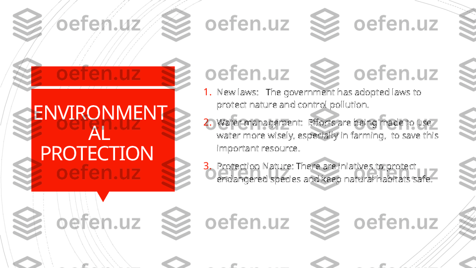 ENVIRONMENT
AL 
PROTECTION  1. New laws:   The government has adopted laws to 
protect nature and control pollution.
2. Water management:  Efforts are being made to use 
water more wisely, especially in farming,  to save this 
important resource.
3. Protection Nature: There are iniatives to protect 
endangered species and keep natural habitats safe.                      