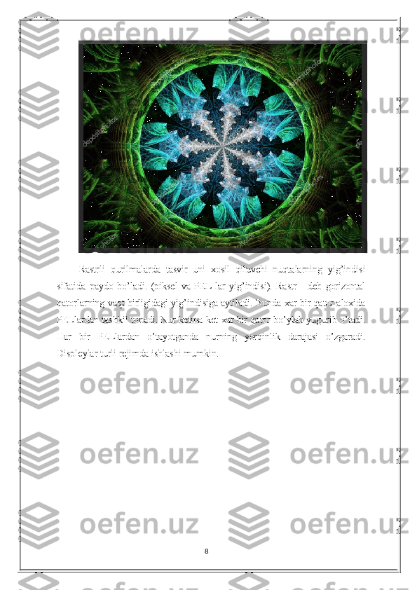 Rastrli   qurilmalarda   tasvir   uni   xosil   qiluvchi   nuqtalarning   yig’indisi
sifatida   paydo   bo’ladi.   (piksel   va   PEL-lar   yig’indisi).   Rastr   -   deb   gorizontal
qatorlarning vaqt birligidagi yig’indisiga aytiladi. Bunda xar bir qator aloxida
PELlardan tashkil topadi. Nur ketma-ket xar bir qator bo’ylab yugurib o’tadi.
Har   bir   PELlardan   o’tayotganda   nurning   yorqinlik   darajasi   o’zgaradi.
Displeylar turli rejimda ishlashi mumkin.  
8 