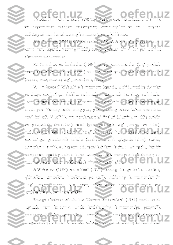 I.M.Zabelin fikricha, esa (1978) tog‘ jinslari, suv, havo, tuproq, o‘simlik
va   hayvonotdan   tashqari   bakteriyalar,   zamburug‘lar   va   hatto   quyosh
radiatsiyasi ham landshaftning komponenti sanalishi kerak.
A.A.Grigorev (1966), S.V.Kalesnik (1970), A.A.Krauklis (1979) kabilar
komponent deganda Yerning moddiy tarkibi nisbatan bir xil bo‘lgan alohida
sferalarini tushunadilar.
K.I.Grenchuk   va   boshqalar   (1984)   asosiy   komponentlar   (tog‘   jinslari,
havo,   suv,   o‘simlik,   hayvonlarni)   va   ikkilamchi   yoki   hosila   komponentlar
(tuproq, muz, muzloq tog‘ jinslari) ni ajratadilar.
V.I.Prokayev (1967) tabiiy komponent deganda, alohida moddiy tizimlar
va   ularga  xos  bo‘lgan   shakllar   va   holatlarni  tushunadi.  Bu  shakl  va  holatlar
ushbu moddiy tizimlarning boshqa moddiy tizimlar bilan Quyosh radiatsiyasi
orqali   yoki   Yerning   ichki   energiyasi,   yoki   ularning   ikkovi   ta’siri   sharoitida
hosil   bo‘ladi.   Muallif   komponentlarga   tog‘   jinslari   (ularning   moddiy   tarkibi
va   yotqizilish   sharoitlari)   relef   (yoki   geologik   tog‘   jinslari   va   relef),
hududning   ob-havo   va   iqlimini   belgilab   beruvchi   havo   massalari   va   ularga
xos   bo‘lgan   gidrotermik   holatlar   (boshqacha   qilib   aytganda   iqlim),   suvlar,
tuproqlar, o‘simlik va hayvonot dunyosi kabilarni kiritadi. Uningcha, har bir
komponent   moddiy   tarkibi   bilan   uning   turlicha   namoyon   bo‘lishining   bir
butunligi, ya’ni mazmun bilan shaklning bir butunligidir.
A.V.Pavlov   (1984)   va   e.Neef   (1974)   larning   fikriga   ko‘ra   litosfera,
gidrosfera,   atmosfera,   biosferalar   geografik   qobiqning   komponentlaridir.
Tog‘   jinslari,   tuproq,   suv,   havo,   o‘simlik   va   hayvonot   dunyosi   esa
landshaftning komponentlaridir.
Shunga   o‘xshash   ta’rifni   biz   "Oxrana   landshaftov"   (1982)   nomli   izohli
lug‘atda   ham   ko‘ramiz.   Unda   landshaftning   komponentiga   geografik
qobiqning   litosfera,   gidrosfera,   atmosfera   va   biosferalarining   (landshaft
chegarasidagi) qismlari kiradi deb ko‘rsatilgan. Landshaftning komponentlari 