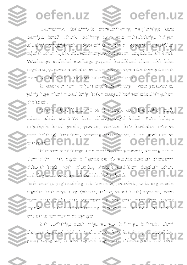         Hukumatimiz,   davlatimizda   chorvachilikning   rivojlanishga   katta
axamiyat   beradi.   Chunki   axolining   oziq–ovqat   mahsulotlariga   bo’lgan
talalabini   qaniqtirish   uchun   chorvachilik   muxim   rol   uynaydi.   Bu   vazifalari
bajarish uchun hujaliklarda veterinariya ishlari yuqori darajada bulishi kerak.
Veterinariya   xodimlari   vazifasiga   yuqumli   kasaliklarni   oldini   olish   bilan
birgalikda, yuqumsiz kasaliklari va ularni davolanishga katta ahamiyat berish
lozim. Chunki ular 94–97 % kasalliklarni tashkil qiladilar.
Bu   kasaliklar   ham     ho’jaliklarga   katta   moddiy       zarar   yetkazadilar,
ya’niy hayvonlarni maxsuldarligi keskin pasayadi bazi vaqlarda ulishiga ham
olib keladi.
Yuqumsiz   kasaliklardan   40   %   ni   xirurgik   kasalliklar   tashkil   etadi,
bularni   ichida   esa   5-7%   bosh   oblastiga   tug’ri   keladi.   Ya’ni   bularga
qo’yidagilar   kiradi:   yaralar,   yazvalar,   usimtalar,   ko’z   kasaliklari   og’iz   va
burin   bo’shlig’i   kasaliklari,   shoxning   shikastlanishi,   quloq   kasaliklari   va
boshqalar.
Bular   xam   xujaliklarga   katta   moddiy   zarar   yetkazadi,   shuning   uchun
ularni   oldini   olish,   paydo   bo’lganda   esa   o’z   vaqtida   davolash   choralarini
o’tkazish   kerak.   Bosh   oblastidagi   xirurgik   kasaliklarni   davolash   uchun,
boshning anatomo-tepografik tuzilishini bilish kerak.
Bosh-umurtqa   pog’onasining   oldi   tomonida,   joylashadi,   unda   eng   muxim
organlar:   bosh   miya,   sezgi   (eshitish,   ko’rish,   va   xid   bilish)   organlari,   ovqat
hazm   qilish,   nafas   olish   sistemasininig   boshlanish   qismi   xam   boshda
joylashadi.   Bosh   tana   xarakatining   muvozanatini   saqlashda   va   atrofni
aniqlashda ham muxim rol uynaydi.
Bosh   tuzilishiga   qarab   miya   va   yuz   bo’limiga   bo’linadi,   ularni
chegarasi   kuyidagi   chiziq   bo’yicha   o’tadi:   ko’z   kosasining   orqa   tarafidan,
yonoq   suyagidan,   to   ensa   suyagini   buyinturuq   o’simtasigacha.   Har   qaysi 