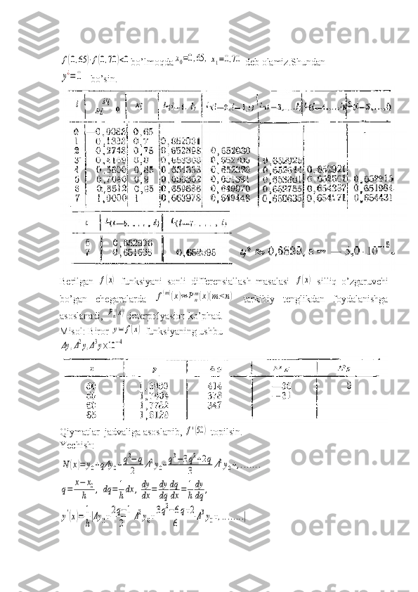 f(0,65	)⋅f(0,70	)<0bo’lmoqda	x0=0,65	,x1=0,70  deb olamiz.Shundan	
y¿=	0
bo’sin.
Berilgan  	
f(x)   funksiyani   sonli   differensiallash   masalasi  	f(x)   silliq   o’zgaruvchi
bo’gan   chegaralarda  	
f(m)(x)≈	Pnm(x)(m≤	n)   tarkibiy   tenglikdan   foydalanishga
asoslanadi, 	
Pn(x) -interpolyasion ko’phad.
Misol: Biror 	
y=	f(x)  funksiyaning ushbu	
Δy	,Δ2y,Δ3y×10	−4
Qiymatlar  jadvaliga asoslanib, 	
f'(50	)  topilsin.
Yechish:	
N	(x)=	y0+qΔy	0+q2−	q	
2	Δ2y0+q3−3q2+2q	
3	Δ3y0+,.......	
q=	
x−	x0	
h	,dq	=	1
hdx	,dy
dx	=	dy
dq	
dq
dx	=	1
h	
dy
dq	,	
y'(x)=	1
h
|Δy	0+2q−1	
2	
Δ2y0+3q2−6q+2	
6	
Δ3y0+,........| 