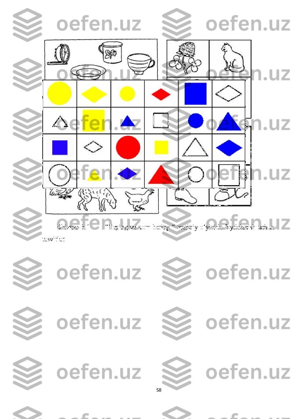    
Chizma   B.1              “Toping va nom bering “ matiqiy o‘yinida foydalanish uchun
tasvirlar.
58 