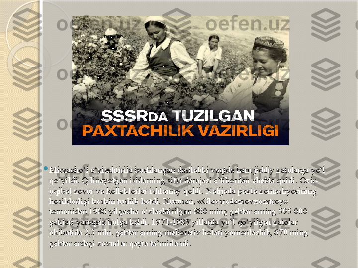 
Mirzacho‘l o‘zlashtirila boshlangan dastlabki vaqtda ham jiddiy xatolarga yo‘l 
qo‘yildi. Qilinayotgan ishlarning sifat darajasi e’tibordan chetda qoldi. Oxir-
oqibat zovur va kollektorlar ishlamay qoldi. Natijada paxta xomashyosining 
hosildorligi keskin tushib ketdi. Xususan, «Glavsredazsovxozstroy» 
tomonidan 1986 yilgacha o‘zlashtirilgan 880 ming gektar erning 595 000 
gektari yaroqsiz holga keldi. 1971-1985 yillarda yo‘l qo‘yilgan xatolar 
okibatida 2,3 mln. gektar erning meliorativ holati yomonlashib, 670 ming 
gektar erdagi zovurlar qayta ta’mirlandi.       