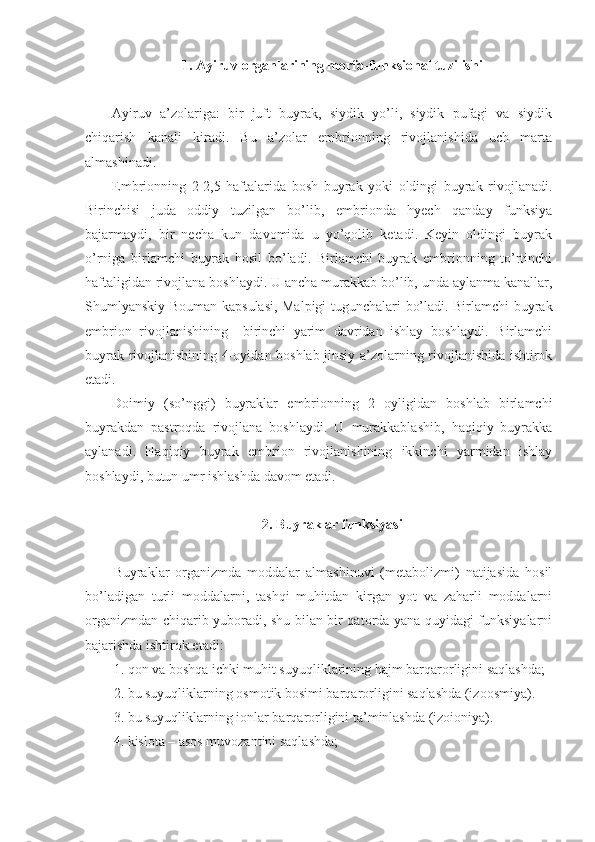 1. Ayiruv organlarining morfo-funksional tuzilishi
Ayiruv   a’zolariga:   bir   juft   buyrak,   siydik   yo’li,   siydik   pufagi   va   siydik
chiqarish   kanali   kiradi.   Bu   a’zolar   embrionning   rivojlanishida   uch   marta
almashinadi. 
Embrionning   2-2,5   haftalarida   bosh   buyrak   yoki   oldingi   buyrak   rivojlanadi.
Birinchisi   juda   oddiy   tuzilgan   bo’lib,   embrionda   hyech   qanday   funksiya
bajarmaydi,   bir   necha   kun   davomida   u   yo’qolib   ketadi.   Keyin   oldingi   buyrak
o’rniga   birlamchi   buyrak   hosil   bo’ladi.   Birlamchi   buyrak   embrionning   to’rtinchi
haftaligidan rivojlana boshlaydi. U ancha murakkab bo’lib, unda aylanma kanallar,
Shumlyanskiy-Bouman kapsulasi, Malpigi tugunchalari bo’ladi. Birlamchi buyrak
embrion   rivojlanishining     birinchi   yarim   davridan   ishlay   boshlaydi.   Birlamchi
buyrak rivojlanishining 4-oyidan boshlab jinsiy a’zolarning rivojlanishida ishtirok
etadi.
Doimiy   (so’nggi)   buyraklar   embrionning   2   oyligidan   boshlab   birlamchi
buyrakdan   pastroqda   rivojlana   boshlaydi.   U   murakkablashib,   haqiqiy   buyrakka
aylanadi.   Haqiqiy   buyrak   embrion   rivojlanishining   ikkinchi   yarmidan   ishlay
boshlaydi, butun umr ishlashda davom etadi.
2. Buyraklar funksiyasi
Buyraklar   organizmda   moddalar   almashinuvi   (metabolizmi)   natijasida   hosil
bo’ladigan   turli   moddalarni,   tashqi   muhitdan   kirgan   yot   va   zaharli   moddalarni
organizmdan chiqarib yuboradi, shu bilan bir qatorda yana quyidagi funksiyalarni
bajarishda ishtirok etadi: 
1. qon va boshqa ichki muhit suyuqliklarining hajm barqarorligini saqlashda;
2. bu suyuqliklarning osmotik bosimi barqarorligini saqlashda (izoosmiya).
3. bu suyuqliklarning ionlar barqarorligini ta’minlashda (izoioniya).
4. kislota – asos muvozantini saqlashda;  