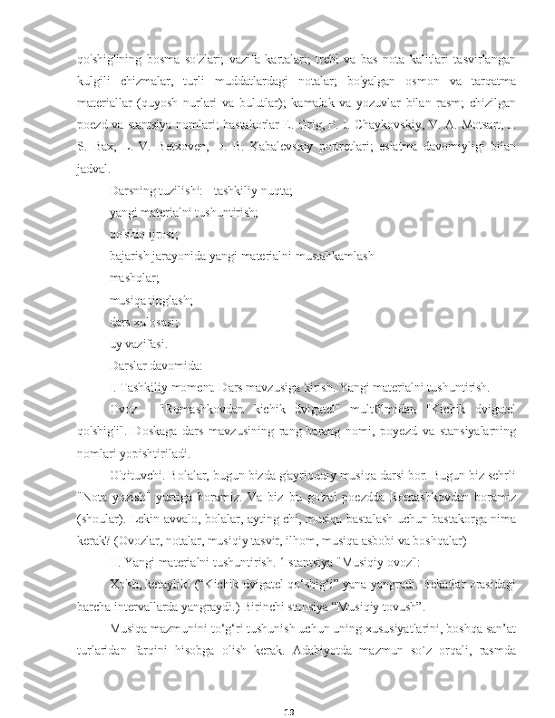 19qo'shig'ining   bosma   so'zlari;   vazifa   kartalari;   trebl   va   bas   nota   kalitlari   tasvirlangan
kulgili   chizmalar,   turli   muddatlardagi   notalar;   bo'yalgan   osmon   va   tarqatma
materiallar   (quyosh   nurlari   va   bulutlar);   kamalak   va   yozuvlar   bilan   rasm;   chizilgan
poezd va stantsiya nomlari; bastakorlar E. Grig, P. I. Chaykovskiy, V. A. Motsart, J.
S.   Bax,   L.   V.   Betxoven,   D.   B.   Kabalevskiy   portretlari;   eslatma   davomiyligi   bilan
jadval.
Darsning tuzilishi: - tashkiliy nuqta;
yangi materialni tushuntirish;
qo'shiq ijrosi;
bajarish jarayonida yangi materialni mustahkamlash
mashqlar;
musiqa tinglash;
dars xulosasi;
uy vazifasi.
Darslar davomida:
I. Tashkiliy moment. Dars mavzusiga kirish. Yangi materialni tushuntirish.
Ovoz   -   "Romashkovdan   kichik   dvigatel"   multfilmidan   "Kichik   dvigatel
qo'shig'i".   Doskaga   dars   mavzusining   rang-barang   nomi,   poyezd   va   stansiyalarning
nomlari yopishtiriladi.
O'qituvchi. Bolalar, bugun bizda g'ayrioddiy musiqa darsi bor. Bugun biz sehrli
"Nota   yozish"   yurtiga   boramiz.   Va   biz   bu   go'zal   poezdda   Romashkovdan   boramiz
(shoular). Lekin avvalo, bolalar, ayting-chi, musiqa bastalash uchun bastakorga nima
kerak? (Ovozlar, notalar, musiqiy tasvir, ilhom, musiqa asbobi va boshqalar)
II. Yangi materialni tushuntirish. 1 stantsiya "Musiqiy ovoz":
Xo'sh, ketaylik! (“Kichik dvigatel qo‘shig‘i” yana yangradi. Bekatlar orasidagi
barcha intervallarda yangraydi.) Birinchi stansiya “Musiqiy tovush”.
Musiqa mazmunini to‘g‘ri tushunish uchun uning xususiyatlarini, boshqa san’at
turlaridan   farqini   hisobga   olish   kerak.   Adabiyotda   mazmun   so`z   orqali,   rasmda 