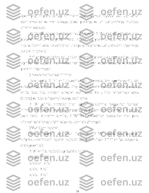 33davomiyligi   bo'yicha   qanday   bo'linishini   tushunishmadi.   Og'zaki   usul   ular   uchun
etarli   emas   edi   va   men   doskaga   jadval   yozishga   va   uni   tushuntirishga   murojaat
qilishim kerak edi.
Kalitlar   va   notalar   tasvirlangan   kulgili   rasmlar   2   "A"   sinf   o'quvchilariga   nota
yozuvlarini   tushunishga   yordam   berdi.   Bolalar   nota   yozish   qoidalarini,   trebl   va   bas
nota kalitlarini tezda o'zlashtirdilar. Ular yangi belgilar va tushunchalarni o'rganishga
qiziqish bildirishdi.
“B” sinfi xatga befarq edi. Bolalar uchun nota yozish tushunarsiz edi va ularga
qiyinchiliklar tug'dirdi. Ba'zi bolalar hech qachon trebl va bas notalarini va notalarni
yozishni o'rganmagan.
) Bastakorlar haqidagi bilimlar.
Dars   oxirida   2   "B"   sinf   o'quvchilaridan:   "Portretda   kim   tasvirlangan?",   deb
so'raganimda, hamma o'quvchilar E. Grig deb javob berishmadi. Bu shuni anglatadiki,
sinfda   faqat   bitta   portretni   ko'rsatish   etarli   emas.   Siz   u   bilan   ishlashingiz   kerak
(portret) va faqat ko’rgazmaliizatsiya etarli emas.
2   "A"   sinfida   portretlar   bilan   o'ynash   bolalarning   bastakorlar   haqidagi
bilimlarini   ko’rgazmali   ravishda   kengaytirishga   yordam   berdi.   Hamma   E.   Grig   deb
javob   berdi.   Ishonchim   komilki,   2   “A”   sinf   o‘quvchilari   bastakorlar   bilan   yana
to‘qnash kelishlariga to‘g‘ri kelganda ularni chalg‘itmaydi.
) Vazifalarni bajarish.
Men   ko‘rgazmali   qurollardan   foydalangan   2   “A”   sinfida   nota   yozuvlari
bo‘yicha   topshiriqlarni   bajarish   natijalari   ular   yo‘q   bo‘lgan   2   “B”   sinfiga   qaraganda
ancha yaxshi edi.
2 "A" sinfida natijalar quyidagicha bo'ldi:
talaba - 10 ball
talabalar - 9 ball
talaba - 8 ball
talaba - 7 ball 