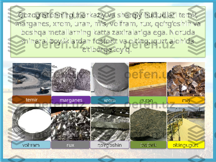 Qozog‘istonning markaziy va sharqiy hududlari temir, 
marganes, xrom, uran, mis, volfram, rux, qo‘rg‘oshin va 
boshqa metallarning katta zaxiralariga ega. Noruda 
mineral boyliklardan fosforit va oltingugurt alohida 
e’tiborga loyiq. 
temir
oltingugurt volfram rux qo‘rg‘oshinmarganes
xrom uran mis
fosforit             