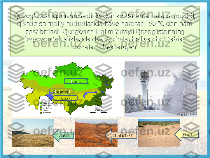 Qozog‘iston iqlimi mo‘tadil keskin kontinental va qurg‘oqchil, 
qish da shimoliy hududlarida havo harorati -50 °C dan ham 
past bo‘ladi. Qurg‘oqchil iqlim tufayli Qozog‘istonning 
bepoyon tekisliklarida dasht, chalacho‘l va cho‘l tabiat 
zonalari shakl	
 langan
Dasht
Chalacho‘l
Cho‘l
dasht cho‘l 
Chalacho‘l    