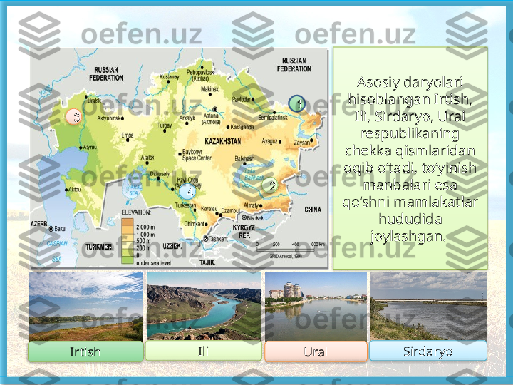 Asosiy daryolari 
hisoblangan Irtish, 
Ili, Sirdaryo, Ural 
respublikaning 
chekka qismlaridan 
oqib o‘tadi, to‘yinish 
manbalari esa 
qo‘shni mamla katlar 
hududida 
joylashgan. 
Irtish Ili
Ural Sirdaryo1
23
4          