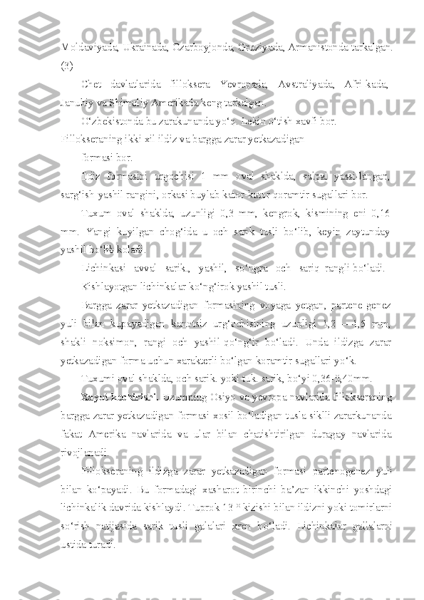 Moldaviyada, Ukrainada, Ozarboyjonda, Gru ziyada, Armanistonda tarkalgan.
(3)
Chet   davlatlarida   filloksera   Yevropada,   Avstraliyada,   Afri-kada,
Janubiy va Shimoliy Amerikada keng tarkalgan.
O‘ zbekisto n da bu zarakunanda y o‘q . Lekin  o‘ tish xavfi bor. 
Fillokseraning ikki xil ildiz va bargga zarar yetkazadigan
formasi bor.
Ildiz   formasini   urgochisi   1   mm   oval   shaklda,   salpal   yassi-langan,
sar g‘ ish-yashil rangini, orkasi buylab kator-kator  q oramtir sugallari bor.
Tuxum   oval   shaklda,   uzunligi   0,3   mm,   kengrok,   kismining   eni   0,16
mm.   Yangi   kuyilgan   chog‘ida   u   och   sarik   tusli   bo‘lib,   keyin   zaytunday
yashil bo‘lib koladi.
Lichinkasi   avval   sarik.,   yashil,   s o‘ ngra   och   sari q    r angli   b o‘ ladi.
Kishlayotgan lichinkalar k o‘ n g‘ irok yashil tusli.
Bargga   zarar   yetkazadigan   formasining   voyaga   yetgan,   partene-genez
yuli   bilan   kupayadigan   kanotsiz   ur g‘ ochisining   uzunligi   1,2   —1,5   mm,
shakli   noksimon,   rangi   och   yashil- qo‘ n g‘ ir   b o‘ ladi.   Unda   ildizga   zarar
yetkazadigan forma uchun xarakterli b o‘ lgan k o ramtir sugallari y o‘ k .
Tuxumi oval shaklda, och sarik. yoki tuk. sarik, bo‘yi 0,36-0,40 mm.
Xayot kechirishi.   Uzumning Osiyo va yevropa navlarida fillok seraning
bargga zarar yetkazadigan formasi xosil bo‘ladigan tusla siklli zararkunanda
fakat   Amerika   navlarida   va   ular   bilan   chatishtirilgan   duragay   navlarida
rivojlanadi.
Fillokseraning   ildizga   zarar   yetkazadigan   formasi   parte nogenez   yuli
bilan   k o‘ payadi.   Bu   formadagi   xasharot   birinchi   ba’zan   ikkinchi   yoshdagi
lichinkalik davrida kishlaydi. Tuprok 13 ° kizishi bilan ildizni yoki tomirlarni
s o‘ rish   natijasida   sarik   tusli   galalari   xren   b o‘ ladi.   Lichinkalar   gallalarni
ustida  turadi. 