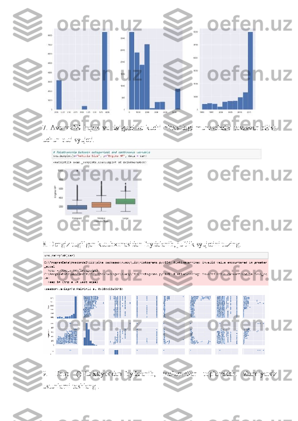 7.   Avtomobil   hajmi   va   dvigatel   ot   kuchi   o'rtasidagi   munosabatni   tasavvur   qilish
uchun quti syujeti.
8. Dengiz tug'ilgan kutubxonasidan foydalanib, juftlik syujetini tuzing.
9.   Drop   ()   funksiyasidan   foydalanib,   ma'lumotlar   to'plamidan   ahamiyatsiz
ustunlarni tashlang . 