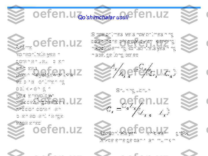 Qo'shimchalar usuli
Eritma 
konsentratsiyasini 
qo’shish usuli bilan 
aniqlash 
tekshirilayotgan eritma 
va bir xil eritmaning 
optik zichligini 
aniqlanayotgan 
moddaning ma’lum 
miqdori qo’shilishi 
bilan solishtirishga 
asoslanadi. Sinov eritmasi va sinov eritmasining 
qo'shimcha bilan optik zichliklarining 
nisbati ularning kontsentratsiyasining 
nisbatiga teng bo'ladi.		a	x	
x	
a	x	
x
CCC
AA
	
	
	
xaxxa
x	A	A	
A	C	
C	
	


Konsentratsiyani  aniqlash  grafik 
tarzda amalga oshirilishi mumkin. Shuning uchun  	
	 axx
axx	C	C	
C	
A	
A	
	

	
		x	a	x	
x	a	
x	A	A	
A	C	
C	
	
	
 