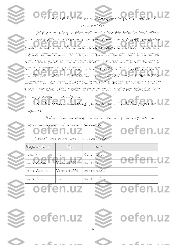 II bob. “Bank”  ma’lumotlar bazasining mantiqiy strukturasi va uni
shakllantirish
Qo’yilgan   masala   yuzasidan   ma’lumotlar   bazasida   jadvallar   hosil   qilindi.
Ular   orasidagi   bog’lanishlar   mos   keluvchi   (ustma-ust   tushuvchi)   maydonlari
yordamida   bog’langan.   Ma’lumotlar   bazasidagi   jadvallar   orasidagi   munosabatlar
quyidagi   to’rtta   turda   bo’lishi   mavjud:   birga-bir,   birga-ko’p,   ko’pga-bir,   ko’pga-
ko’p.   Masala   yuzasidan   ma’lumotlar   bazasini   loyilahashda   birga-ko’p   va  ko’pga-
ko’p bog’lanish munosabatlaridan foydalanildi. Birga-ko’p bog’lanish munosabati
ma’lumotlar   bazasini   loyihalashda   ko’p   uchraydi   va   uning   vazifasi
takrorlanmaydigan qiymat oluvchi (kalit) maydonga ega bo’lgan jadvalning har bir
yozuvi   qiymatiga   ushbu   maydon   qiymatlari   orqali   bog’langan   jadvaldagi   ko’p
sondagi yozuvlarini mos qo’yishdir.
II.1.   Ma’lumotlar   bazasidagi   jadvallar   va   uning   tarkibiy   qismlari   –
maydonlari
Ma’lumotlar   bazasidagi   jadvallar   va   uning   tarkibiy   qismlari   –
maydonlari haqidagi ma’lumotlarni keltiramiz:
“Bank” – haqida ma’lumotni saqlovchi jadval
Maydon nomi Tipi Izoh
id Bank   Int Kalit maydon
Bank_Name Varchar(45) Bank nomi
Bank_Addres Varchar(255) Bank manzili
Bank_Phone Int Bank telefoni
19 