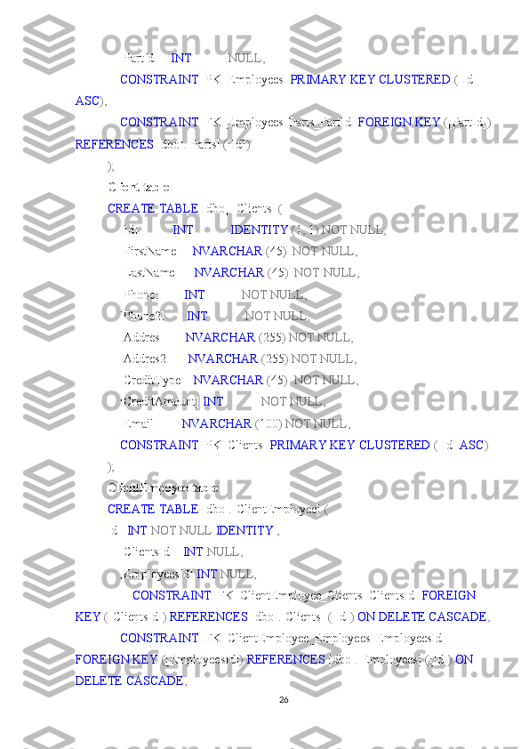     [PartId]     INT              NULL,
     CONSTRAINT  [PK_Employees]  PRIMARY   KEY   CLUSTERED  ( [Id]    
ASC ),
     CONSTRAINT  [FK_Employees_Parts_PartId]  FOREIGN   KEY  ( [PartId] )
REFERENCES  [dbo] . [Parts]   ( [Id] )
);
Client table
CREATE   TABLE  [dbo] . [Clients]   (
    [Id]            INT              IDENTITY  ( 1 ,  1 )   NOT   NULL,
    [FirstName]     NVARCHAR  ( 45 )    NOT   NULL,
    [LastName]      NVARCHAR  ( 45 )    NOT   NULL,
    [Phone]         INT              NOT   NULL,
    [Phone2]        INT              NOT   NULL,
    [Addres]        NVARCHAR  ( 255 )   NOT   NULL,
    [Addres2]       NVARCHAR  ( 255 )   NOT   NULL,
    [CreditType]    NVARCHAR  ( 45 )    NOT   NULL,
    [CreditAmount]  INT              NOT   NULL,
    [Email]         NVARCHAR  ( 100 )   NOT   NULL,
     CONSTRAINT  [PK_Clients]  PRIMARY   KEY   CLUSTERED  ( [Id]  ASC )
);
ClientEmpoyee table
CREATE   TABLE  [dbo] . [ClientEmployee]   (
Id    INT   NOT   NULL   IDENTITY   ,
    [ClientsId]    INT   NULL,
    [EmployeesId]  INT   NULL,
         CONSTRAINT  [FK_ClientEmployee_Clients_ClientsId]  FOREIGN  
KEY  ( [ClientsId] )   REFERENCES  [dbo] . [Clients]   ( [Id] )   ON   DELETE   CASCADE ,
     CONSTRAINT  [FK_ClientEmployee_Employees_EmployeesId] 
FOREIGN   KEY  ( [EmployeesId] )   REFERENCES  [dbo] . [Employees]   ( [Id] )   ON  
DELETE   CASCADE ,  
26 