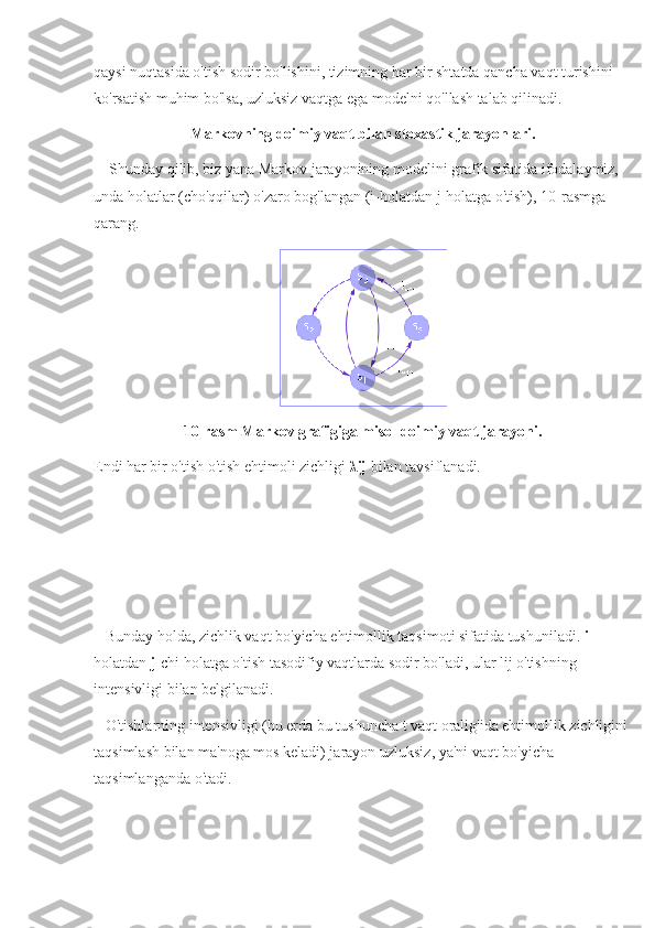 qaysi nuqtasida o'tish sodir bo'lishini, tizimning har bir shtatda qancha vaqt turishini 
ko'rsatish muhim bo'lsa, uzluksiz vaqtga ega modelni qo'llash talab qilinadi.
Markovning doimiy vaqt bilan stoxastik jarayonlari.
    Shunday qilib, biz yana Markov jarayonining modelini grafik sifatida ifodalaymiz, 
unda holatlar (cho'qqilar) o'zaro bog'langan (i-holatdan j-holatga o'tish), 10-rasmga 
qarang. 
10-rasm  Markov grafigiga misol doimiy vaqt jarayoni.
Endi har bir o'tish o'tish ehtimoli zichligi  λij  bilan tavsiflanadi.
   Bunday holda, zichlik vaqt bo'yicha ehtimollik taqsimoti sifatida tushuniladi.  i -
holatdan  j -chi holatga o'tish tasodifiy vaqtlarda sodir bo'ladi, ular lij o'tishning 
intensivligi bilan belgilanadi.
   O'tishlarning intensivligi (bu erda bu tushuncha t vaqt oralig'ida ehtimollik zichligini 
taqsimlash bilan ma'noga mos keladi) jarayon uzluksiz, ya'ni vaqt bo'yicha 
taqsimlanganda o'tadi.  