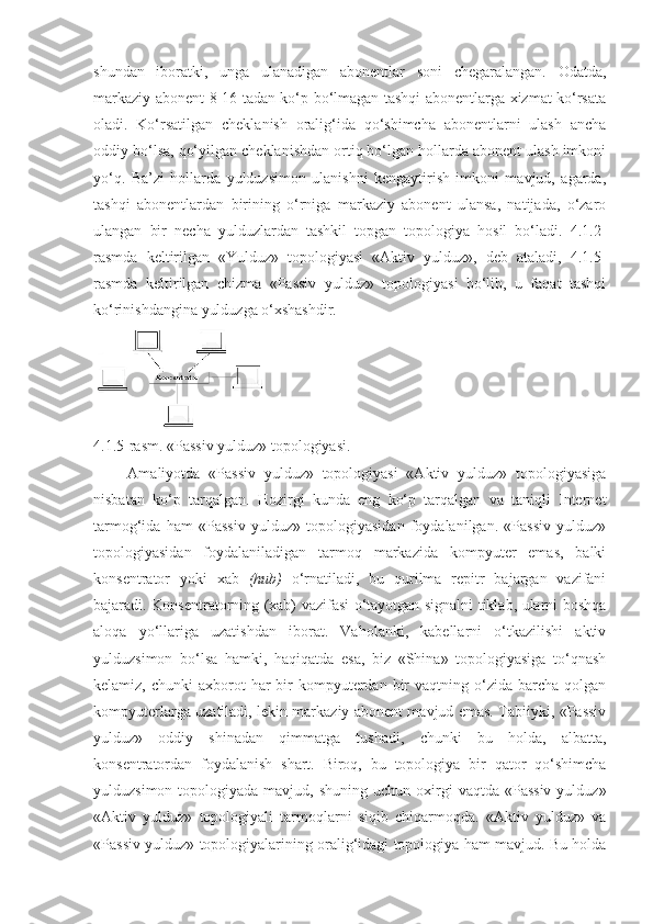 shundan   iboratki,   unga   ulanadigan   abonentlar   soni   chegaralangan.   Odatda,
markaziy abonent 8-16 tadan ko‘p bo‘lmagan tashqi abonentlarga xizmat ko‘rsata
oladi.   Ko‘rsatilgan   cheklanish   oralig‘ida   qo‘shimcha   abonentlarni   ulash   ancha
oddiy bo‘lsa, qo‘yilgan cheklanishdan ortiq bo‘lgan hollarda abonent ulash imkoni
yo‘q.   Ba’zi   hollarda   yulduzsimon   ulanishni   kengaytirish   imkoni   mavjud,   agarda,
tashqi   abonentlardan   birining   o‘rniga   markaziy   abonent   ulansa,   natijada,   o‘zaro
ulangan   bir   necha   yulduzlardan   tashkil   topgan   topologiya   hosil   bo‘ladi.   4.1.2-
rasmda   keltirilgan   «Yulduz»   topologiyasi   «Aktiv   yulduz»,   deb   ataladi,   4.1.5-
rasmda   keltirilgan   chizma   «Passiv   yulduz»   topologiyasi   bo‘lib,   u   faqat   tashqi
ko‘rinishdangina yulduzga o‘xshashdir.
4.1.5-rasm. «Passiv yulduz» topologiyasi.
        Amaliyotda   «Passiv   yulduz»   topologiyasi   «Aktiv   yulduz»   topologiyasiga
nisbatan   ko‘p   tarqalgan.   Hozirgi   kunda   eng   ko‘p   tarqalgan   va   taniqli   Internet
tarmog‘ida   ham   «Passiv   yulduz»   topologiyasidan   foydalanilgan.   «Passiv   yulduz»
topologiyasidan   foydalaniladigan   tarmoq   markazida   kompyuter   emas,   balki
konsentrator   yoki   xab   (hub)   o‘rnatiladi,   bu   qurilma   repitr   bajargan   vazifani
bajaradi. Konsentratorning (xab) vazifasi o‘tayotgan signalni tiklab, ularni boshqa
aloqa   yo‘llariga   uzatishdan   iborat.   Vaholanki,   kabellarni   o‘tkazilishi   aktiv
yulduzsimon   bo‘lsa   hamki,   haqiqatda   esa,   biz   «Shina»   topologiyasiga   to‘qnash
kelamiz,  chunki  axborot  har   bir   kompyuterdan  bir   vaqtning o‘zida  barcha  qolgan
kompyuterlarga uzatiladi, lekin markaziy abonent mavjud emas. Tabiiyki, «Passiv
yulduz»   oddiy   shinadan   qimmatga   tushadi,   chunki   bu   holda,   albatta,
konsentratordan   foydalanish   shart.   Biroq,   bu   topologiya   bir   qator   qo‘shimcha
yulduzsimon  topologiyada  mavjud,  shuning  uchun oxirgi  vaqtda  «Passiv  yulduz»
«Aktiv   yulduz»   topologiyali   tarmoqlarni   siqib   chiqarmoqda.   «Aktiv   yulduz»   va
«Passiv yulduz» topologiyalarining oralig‘idagi topologiya ham mavjud. Bu holda 