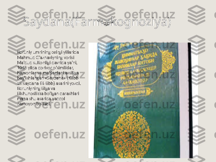 Saydana(Farmakognoziya)
Beruniy umrining oxirgi yillarida 
Mahmud G‘aznaviyning vorisi 
Ma’dud sultonligi davrida ya’ni, 
1048 yilda dorivor o‘simliklar, 
hayvonlar va ma’danlar tavsifiga 
bag‘ishlangan «Saydana» (Kitob 
us-saydana-fit-tibb) asarini yozdi. 
Beruniyning tilga va 
tilshunoslikka bo‘lgan qarashlari  
mana shu asarida yaqqol 
namoyon bo‘ladi. 