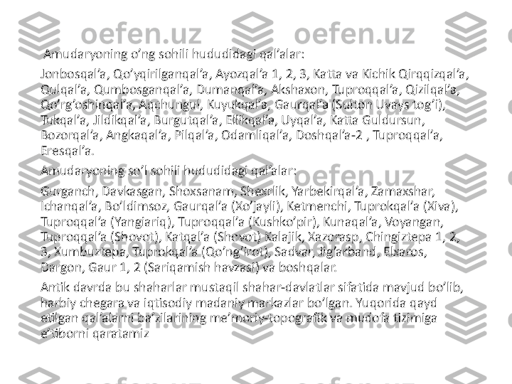   Amudaryoning o’ng sohili hududidagi qal’alar:
Jonbosqal’a, Qo’yqirilganqal’a, Ayozqal’a 1, 2, 3, Katta va Kichik Qirqqizqal’a, 
Qulqal’a, Qumbosganqal’a, Dumanqal’a, Akshaxon, Tuproqqal’a, Qizilqal’a, 
Qo’rg’oshinqal’a, Aqchungul, Kuyukqal’a, Gaurqal’a (Sulton Uvays tog’i), 
Tukqal’a, Jildikqal’a, Burgutqal’a, Ellikqal’a, Uyqal’a, Katta Guldursun, 
Bozorqal’a, Angkaqal’a, Pilqal’a, Odamliqal’a, Doshqal’a-2 , Tuproqqal’a, 
Eresqal’a.
Amudaryoning so’l sohili hududidagi qal’alar:
Gurganch, Davkasgan, Shoxsanam, Shexrlik, Yarbekirqal’a, Zamaxshar, 
Ichanqal’a, Bo’ldimsoz, Gaurqal’a (Xo’jayli), Ketmenchi, Tuprokqal’a (Xiva), 
Tuproqqal’a (Yangiariq), Tuproqqal’a (Kushko’pir), Kunaqal’a, Voyangan, 
Tuproqqal’a (Shovot), Katqal’a (Shovot) Kalajik, Xazorasp, Chingiztepa 1, 2, 
3, Xumbuztepa, Tuprokqal’a (Qo’ng’irot), Sadvar, Jig’arband, Elxaros, 
Dargon, Gaur 1, 2 (Sariqamish havzasi) va boshqalar.
Antik davrda bu shaharlar mustaqil shahar-davlatlar sifatida mavjud bo’lib, 
harbiy chegara va iqtisodiy madaniy markazlar bo’lgan. Yuqorida qayd 
etilgan qal’alarni ba’zilarining me’moriy-topografik va mudofa tizimiga 
e’tiborni qaratamiz 