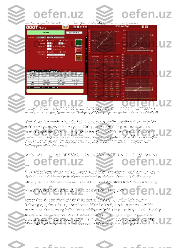 bo'lsa, u grafik kartasi to'g'ri faoliyat emas, degan ma'noni anglatadi.  
Tufayli OSSST dastur bir necha daqiqa ichida berilgan element holatini tashxis 
mumkin. Xususan, karta muvaffaqiyatsizliklar va yadro xotira uchun tekshiriladi.
Kernel xatolar monitor haqida BSOD ko'k ekran taqdirda sodir bo'lishi mumkin 
yoki kompyuter javob bermayapti. Oxirgi »simptomi" Eng tez-tez kuzatiladi 
qachon haydovchi, bir ishlamay. Shunday qilib, bu holatda nima qilish birinchi 
narsa "o'tin" qayta o'rnatish hisoblanadi, va u kompyuteringizda Windows qayta 
tiklash uchun yaxshidir. Aytgancha, bu jarayonlar bir marta 6-12 oydan kam 
bo'lmagan qilinishi kerak.
MEN DASTURI TASHXIS VAQTIDA EKRAN TASVIRINI OLISH MUMKIN?
ad
SCR video karta sinash bo'lsa, u vaqti-vaqti bilan sinovdan to'xtatilganidan keyin 
darhol ochiladi bir papkada ekran rasmlarni va do'kon ularni qiladi. Shuning 
uchun, har bir ikkinchi matbuot "printskrin" va sizga kerak emas Paint'e kiriting.
NIMA TANQIDIY HARORAT VIDEO KARTA ISSIQLIK?
screenshot siz test qismlari isitish 85 daraja Selsiy yoki undan ko'p ekanini 
ko'rsangiz, u, deb albatta, u vaqti-vaqti bilan ishlaydi, deydi. Agar ma'lum bir 
chora-tadbirlar tutmang bo'lsa, karta oddiygina kabi stress ostida yoqiladi. Bunday 
chora-tadbirlar chang va issiqlik pastasi mustaqil hisobga olingan ma'lumotlar 
tozalash uchun bir murakkab tartibi hisoblanadi. Bu, bir tizza bo'lsa, o'z qo'llari 
bilan, siz buni dargumon - u mutaxassislar bilan maslahatlashing zarur. 