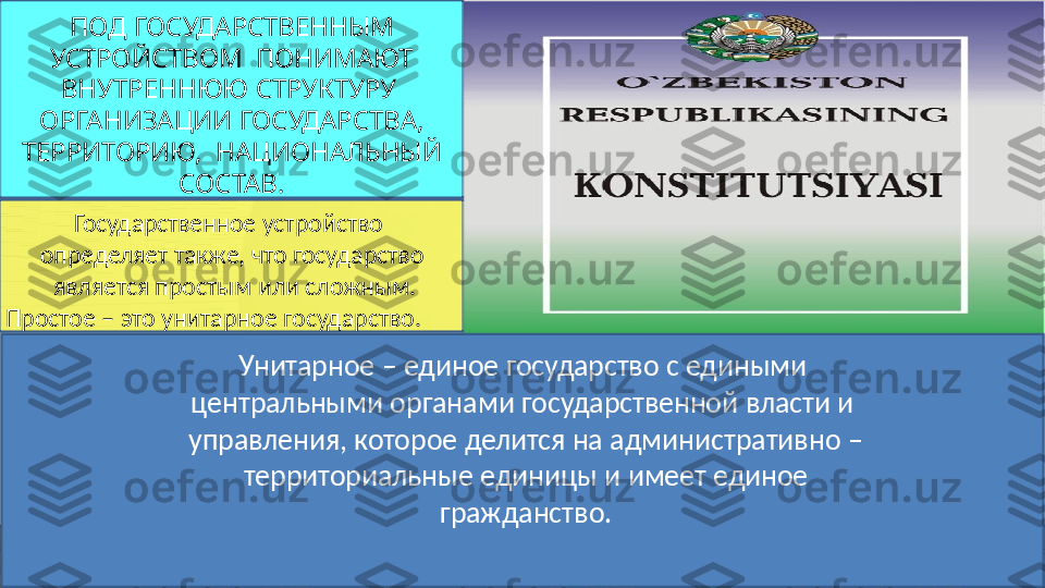 ПОД   ГОСУДАРСТВЕННЫМ  
УСТРОЙСТВОМ    ПОНИМАЮТ  
ВНУТРЕННЮЮ   СТРУКТУРУ   
ОРГАНИЗАЦИИ  ГОСУДАРСТВА, 
ТЕРРИТОРИЮ,    НАЦИОНАЛЬНЫЙ  
СОСТАВ.
Государственное   устройство   
определяет  также,  что  государство 
  является   простым или   сложным.
Простое   –   это   унитарное   государство.
Унитарное  –  единое   государство   с   едиными   
центральными  органами  государственной   власти и   
управления,   которое   делится   на   административно   – 
  территориальные   единицы   и   имеет  единое   
гражданство.  