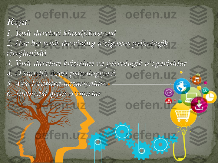 Reja:
1. Yosh davrlari klassifikasiyasi
2. Har bir yosh davrining o’zigaxos psixologik 
rivojlanishi
3. Yosh davrlari krizislari va psixologik o’zgarishlar
4.  O’smirlik davri psixologiyasi .
5. Akseleratsiya nazariyalari .
6. Tarbiyasi qiyin o‘smirlar    