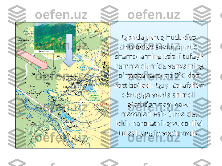 Qishda okrug hududiga 
shimoldan sovuq, quruq 
shamollarning esishi tufayli 
hamma qismida yanvarning 
o‘rtacha harorati 0°C dan 
past bo‘ladi. Quyi Zarafshon 
okrugiga yozda shimoli 
g‘arbdan nam havo 
massalari esib tursa-da, 
lekin haroratning yuqoriligi 
tufayli yog‘in yog‘maydi.     