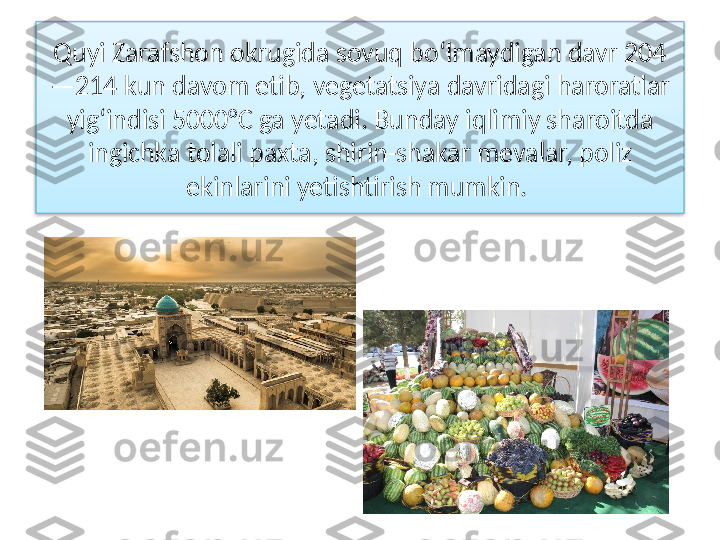 Quyi Zarafshon okrugida sovuq bo‘lmaydigan davr 204
—214  kun davom etib, vegetatsiya davridagi haroratlar 
yig‘indisi 5000°C ga yetadi. Bunday iqlimiy sharoitda 
ingichka tolali paxta, shirin-shakar mevalar, poliz 
ekinlarini yetishtirish mumkin.   