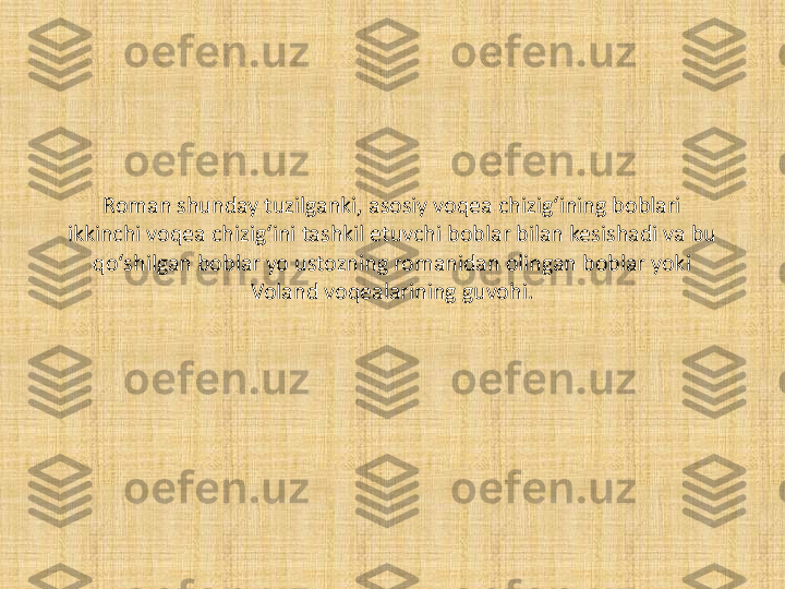 Roman shunday tuzilganki, asosiy voqea chizig‘ining boblari 
ikkinchi voqea chizig‘ini tashkil etuvchi boblar bilan kesishadi va bu 
qo‘shilgan boblar yo ustozning romanidan olingan boblar yoki 
Voland voqealarining guvohi. 