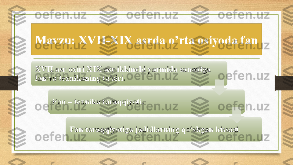 Mavzu: XVII-XIX asrda o’rta osiyoda fan
XVII asr oxiri XIX asr ikkinchi yarmida sanoatga 
fan va texnikaning ta’siri.
Fan – texnika taraqqiyoti.
Fan taraqqiyotiga jadidlarning qo‘shgan hissasi.     