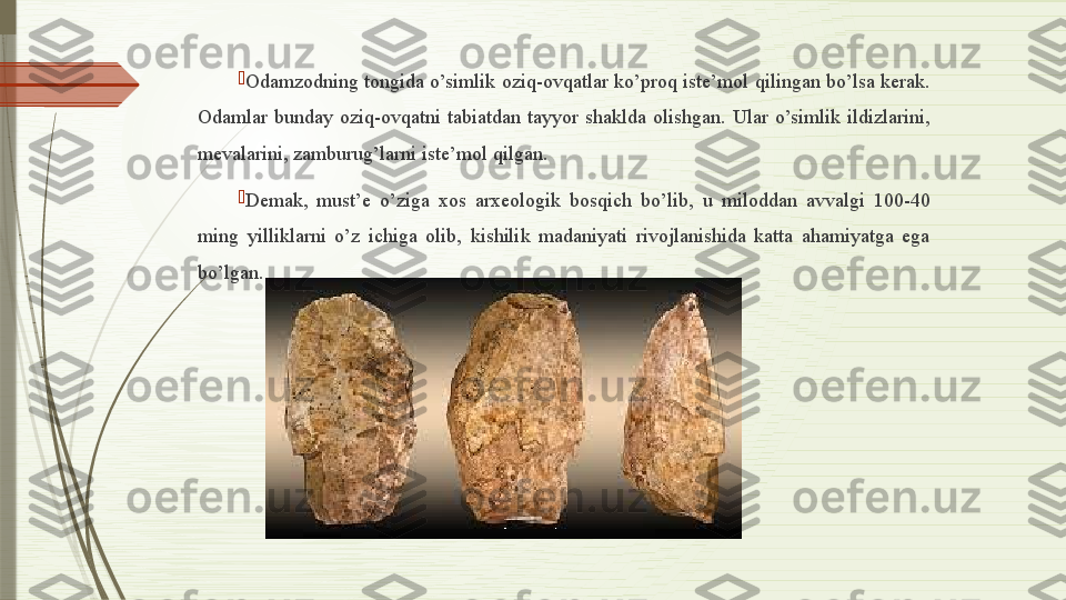 
Odamzodning tongida o’simlik oziq-ovqatlar ko’proq iste’mol qilingan bo’lsa kerak. 
Odamlar  bunday  oziq-ovqatni  tabiatdan  tayyor  shaklda  olishgan.  Ular  o’simlik  ildizlarini, 
mevalarini, zamburug’larni iste’mol qilgan.

Demak,  must’e  o’ziga  xos  arxeologik  bosqich  bo’lib,  u  miloddan  avvalgi  100-40 
ming  yilliklarni  o’z  ichiga  olib,  kishilik  madaniyati  rivojlanishida  katta  ahamiyatga  ega 
bo’lgan.              