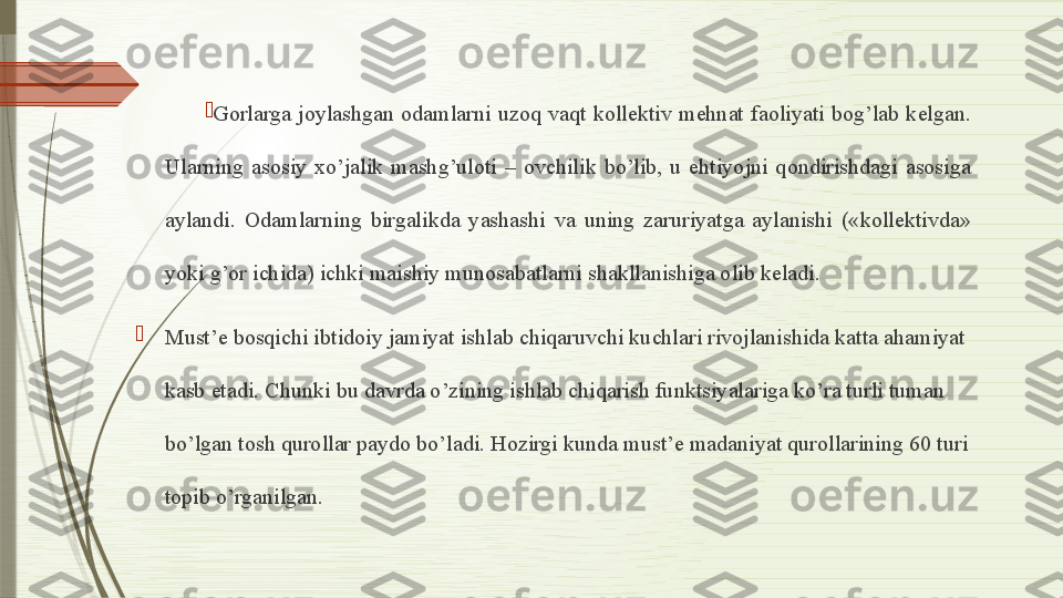 
Gorlarga  joylashgan  odamlarni  uzoq  vaqt  kollektiv  mehnat  faoliyati  bog’lab  kelgan. 
Ularning  asosiy  xo’jalik  mashg’uloti  –  ovchilik  bo’lib,  u  ehtiyojni  qondirishdagi  asosiga 
aylandi.  Odamlarning  birgalikda  yashashi  va  uning  zaruriyatga  aylanishi  («kollektivda» 
yoki g’or ichida) ichki maishiy munosabatlarni shakllanishiga olib keladi. 

Must’e bosqichi ibtidoiy jamiyat ishlab chiqaruvchi kuchlari rivojlanishida katta ahamiyat 
kasb etadi. Chunki bu davrda o’zining ishlab chiqarish funktsiyalariga ko’ra turli tuman 
bo’lgan tosh qurollar paydo bo’ladi. Hozirgi kunda must’e madaniyat qurollarining 60 turi 
topib o’rganilgan.              