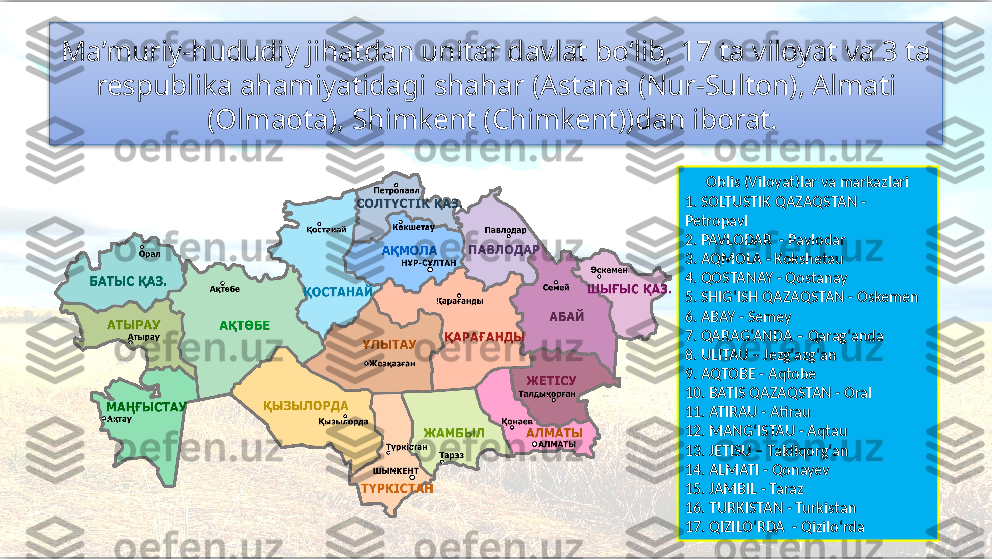 Ma’muriy-hududiy jihatdan unitar davlat bo‘lib, 17 ta viloyat va 3 ta 
respublika ahamiyatidagi shahar (Astana (Nur-Sulton), Almati 
(Olmaota), Shimkent (Chimkent))dan iborat. 
Oblis (Viloyat)lar va markazlari
1. SOLTUSTIK QAZAQSTAN - 
Petropavl
2. PAVLODAR  - Pavlodar
3. AQMOLA - Kokshetau
4. QOSTANAY - Qostanay
5. SHIG‘ISH QAZAQSTAN - Oskemen
6. ABAY - Semey
7. QARAG‘ANDA – Qarag‘anda
8. ULITAU – Jezg‘azg‘an
9. AQTOBE - Aqtobe
10. BATIS QAZAQSTAN - Oral
11. ATIRAU - Atirau
12. MANG‘ISTAU - Aqtau
13. JETISU – Taldiqorg‘an
14. ALMATI - Qonayev
15. JAMBIL - Taraz
16. TURKISTAN - Turkistan
17. QIZILO‘RDA  - Qizilo‘rda   