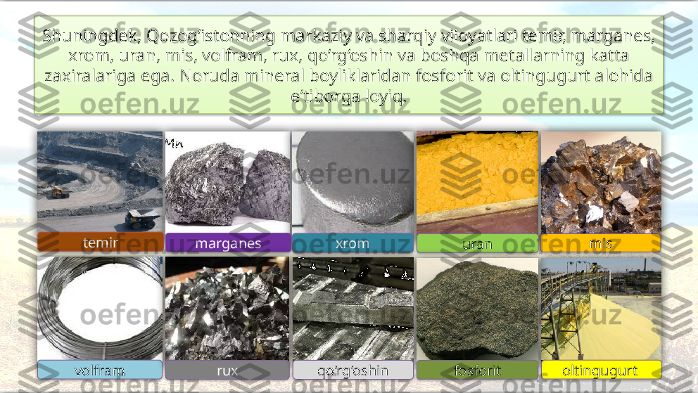 Shuningdek, Qozog‘istonning markaziy va sharqiy viloyatlari temir, marganes, 
xrom, uran, mis, volfram, rux,  qo‘rg‘oshin va boshqa metallarning katta 
zaxiralariga ega. Noruda mineral  boyliklaridan fosforit va oltingugurt alohida 
e’tiborga loyiq.
oltingugurt  mistemir
marganes
xrom
uran
volfram
rux qo‘rg‘oshin fosforit                       