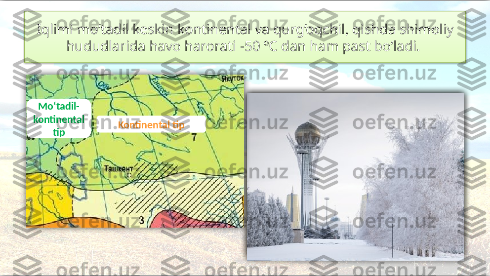 Iqlimi mo‘tadil keskin kontinental va qurg‘oqchil, qishda shimoliy
hududlarida havo harorati -50 ºC dan ham past bo‘ladi. 
Kontinental tipMo‘tadil-
kontinental 
tip      