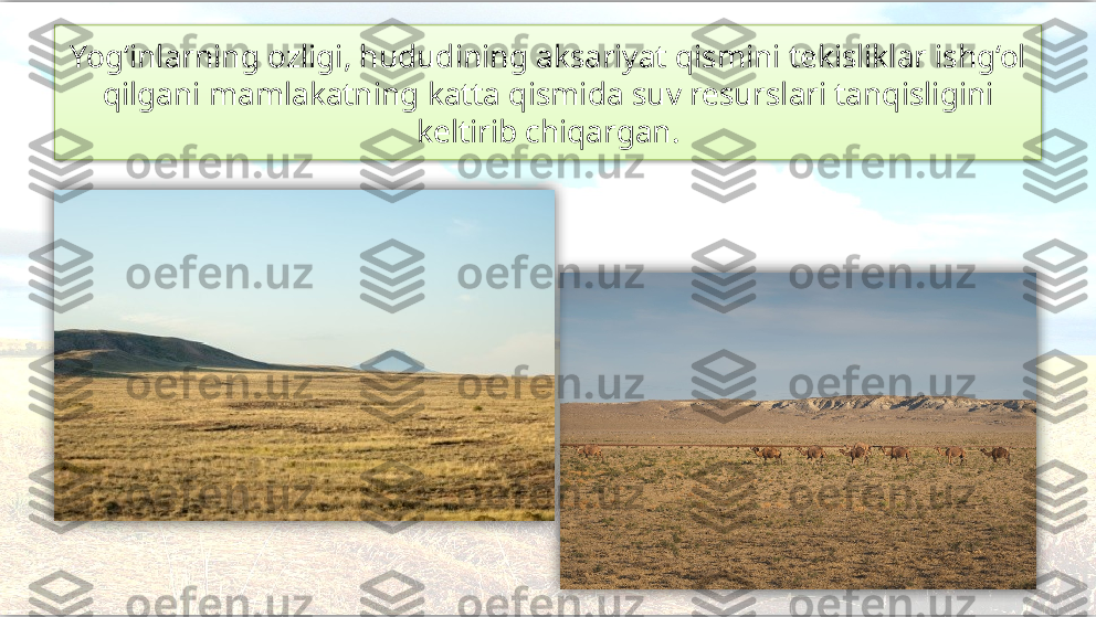 Yog‘inlarning ozligi, hududining aksariyat qismini tekisliklar ishg‘ol 
qilgani mamlakatning katta qismida suv resurslari tanqisligini 
keltirib chiqargan.     