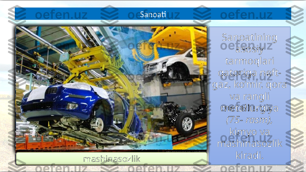 Sanoatining 
asosiy 
tarmoqlari 
qatoriga neft-
gaz, ko‘mir, qora 
va rangli 
metallurgiya 
(75- rasm), 
kimyo va 
mashinasozlik 
kiradi.Sanoati
neft-gaz ko‘mirq ora   metallurgiyarangli metallurgiya kimyomashinasozlik              