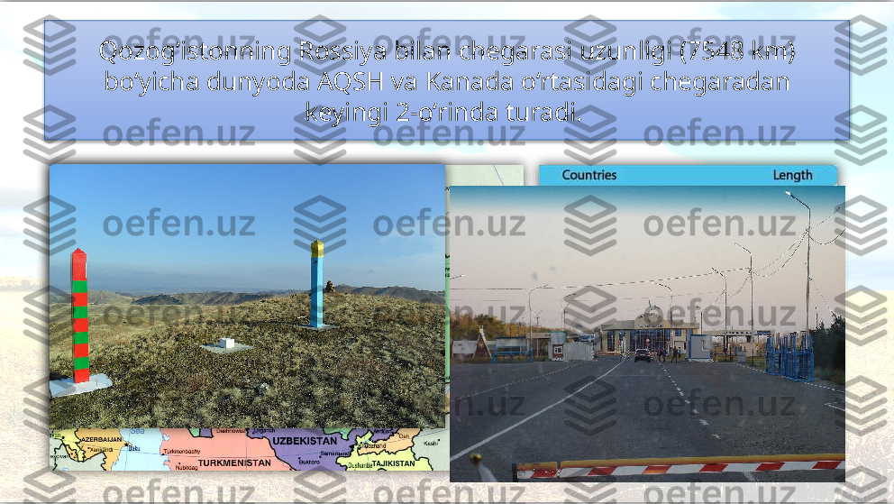 Qozog‘istonning Rossiya bilan chegarasi uzunligi (7548 km) 
bo‘yicha dunyoda AQSH va Kanada o‘rtasidagi chegaradan
keyingi 2-o‘rinda turadi.       