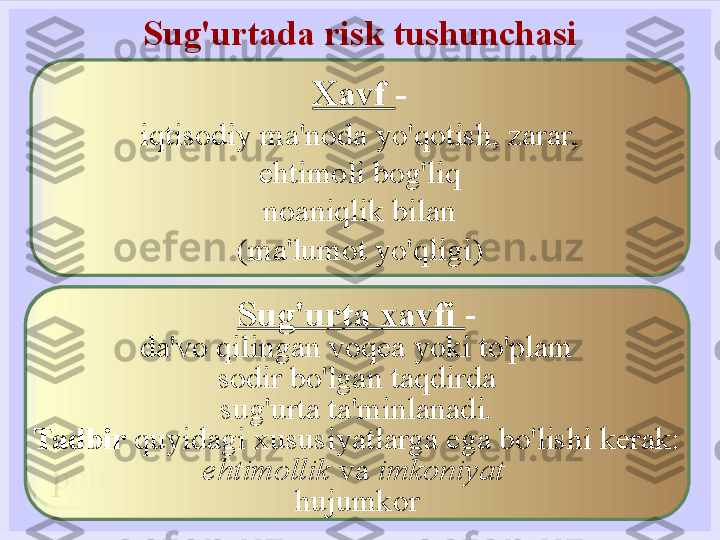 Sug'urtada risk tushunchasi
Sug'urta xavfi  -
sug'urtaga tahdid soladigan xavf
ob'ektga har qanday tarzda, uchun
qaysi sug'urta tashkiloti
polis egasiga kompensatsiya to'lashi shart Xavf  -
iqtisodiy ma'noda yo'qotish, zarar,
ehtimoli bog'liq
noaniqlik bilan
(ma'lumot yo'qligi)
Sug'urta xavfi  -
da'vo qilingan voqea yoki to'plam
sodir bo'lgan taqdirda
sug'urta ta'minlanadi.
Tadbir  quyidagi xususiyatlarga ega bo'lishi kerak:
ehtimollik  va  imkoniyat  
hujumkor 