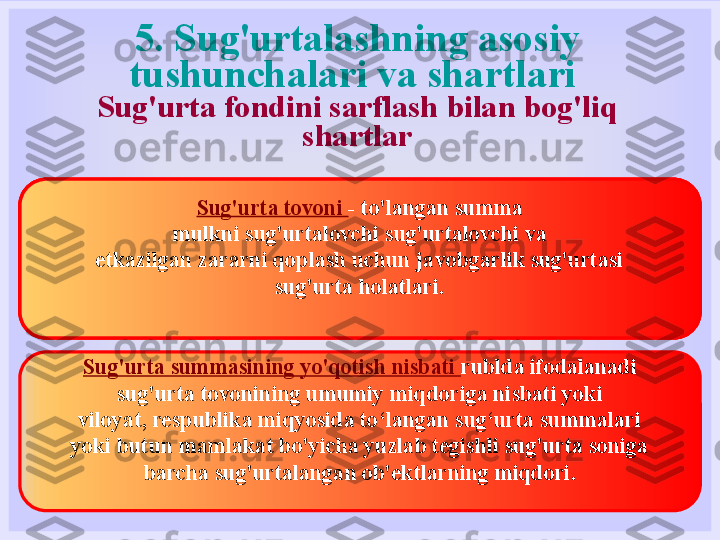 5. Sug'urtalashning asosiy 
tushunchalari va shartlari 
Sug'urta fondini sarflash bilan bog'liq 
shartlar
Baxtsiz hodisa  - to'satdan, kutilmagan tashqi
inson tanasiga ta'sir qiladi, natijada
vaqtinchalik yoki doimiy sog'liq buzilishiga aylanadi
yoki sug'urtalangan shaxsning o'limi.Sug'urtalangan yo'qotish  - to'liq yo'qotishning narxi
mulk yoki shikastlangan mulkning amortizatsiya qilingan qismi
sug'urta bahosiga ko'ra.Sug'urta tovoni  - to'langan summa
mulkni sug'urtalovchi sug'urtalovchi va
etkazilgan zararni qoplash uchun javobgarlik sug'urtasi
sug'urta holatlari.
Sug'urta summasining yo'qotish nisbati  rublda ifodalanadi
sug'urta tovonining umumiy miqdoriga nisbati yoki
viloyat, respublika miqyosida to‘langan sug‘urta summalari
yoki butun mamlakat bo'yicha yuzlab tegishli sug'urta soniga
barcha sug'urtalangan ob'ektlarning miqdori. 