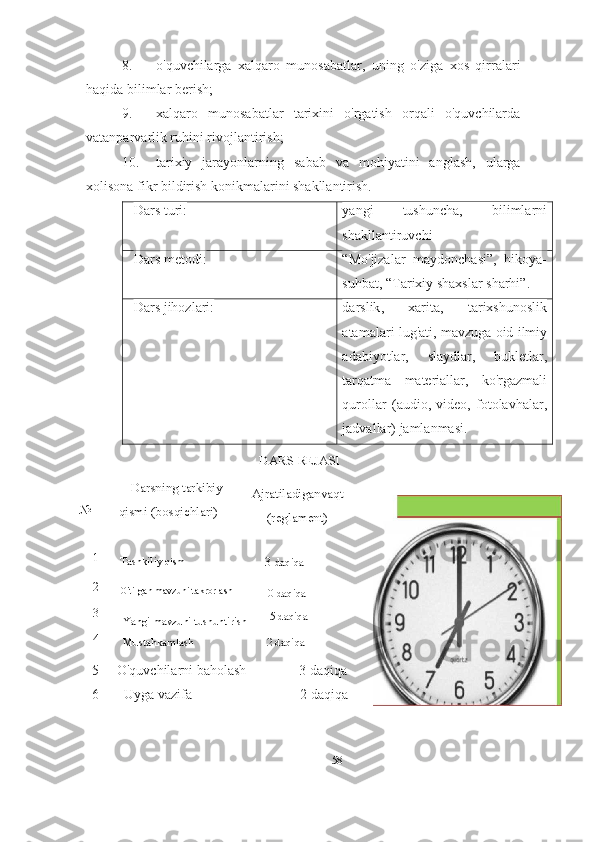 8. o'quvchilarga   xalqaro   munosabatlar,   uning   o'ziga   xos   qirralari
haqida bilimlar berish;
9. xalqaro   munosabatlar   tarixini   o'rgatish   orqali   o'quvchilarda
vatanparvarlik ruhini rivojlantirish;
10. tarixiy   jarayonlarning   sabab   va   mohiyatini   anglash,   ularga
xolisona fikr bildirish konikmalarini shakllantirish.
Dars turi: yangi   tushuncha,   bilimlarni
shakllantiruvchi
Dars metodi: “Mo'jizalar   maydonchasi”,   hikoya-
suhbat, “Tarixiy shaxslar sharhi”.
Dars jihozlari: darslik ,   xarita ,   tarixshunoslik
atamalari   lug ' ati ,  mavzuga   oid   ilmiy
adabiyotlar ,   slaydlar ,   bukletlar ,
tarqatma   materiallar ,   ko ' rgazmali
qurollar   ( audio ,   video ,   fotolavhalar ,
jadvallar )  jamlanmasi .
5      O ' quvchilarni   baholash                3  daqiqa
6        Uyga   vazifa                                2  daqiqa
58DARS REJASI
№ Darsning tarkibiy
qismi (bosqichlari) Ajratiladiganvaqt
(reglament)
  3  daqiqa1
Tashkiliy  qism
10 daqiqa2
O ' tilgan mavzuni takrorlash
15 daqiqa3
Yangi mavzuni tushuntirish
12 daqiqa4
Mustahkamlash 