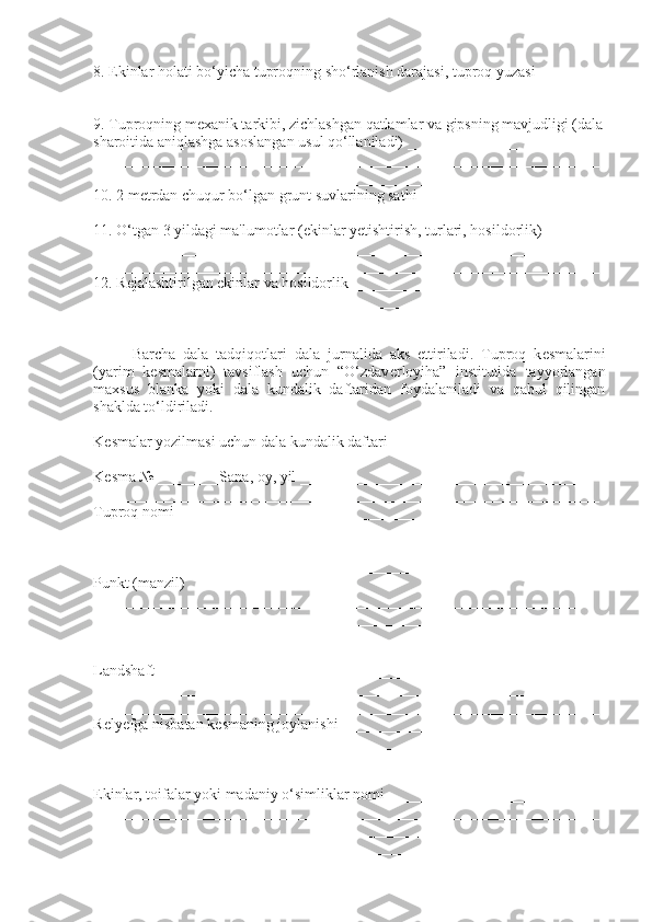 8. Ekinlar holati bo‘yicha tuproqning sho‘rlanish darajasi, tuproq yuzasi _______
__________________________________________________________________
__________________________________________________________________
9. Tuproqning m е xanik tarkibi, zichlashgan qatlamlar va gipsning mavjudligi (dala
sharoitida aniqlashga asoslangan usul qo‘llaniladi) ______________________
__________________________________________________________________
__________________________________________________________________
10. 2 m е trdan chuqur bo‘lgan grunt suvlarining sathi _______________________
__________________________________________________________________
11. O‘tgan 3 yildagi ma'lumotlar (ekinlar y е tishtirish, turlari, hosildorlik)
__________________________________________________________________
__________________________________________________________________
12. R е jalashtirilgan ekinlar va hosildorlik ________________________________
_________________________________________________________________
__________________________________________________________________
Barcha   dala   tadqiqotlari   dala   jurnalida   aks   ettiriladi.   Tuproq   k е smalarini
(yarim   k е smalarni)   tavsiflash   uchun   “O‘zdav е rloyiha”   institutida   tayyorlangan
maxsus   blanka   yoki   dala   kundalik   daftaridan   foydalaniladi   va   qabul   qilingan
shaklda to‘ldiriladi.
K е smalar yozilmasi uchun dala kundalik daftari
K е sma № ________Sana, oy, yil ______________________________________
__________________________________________________________________
Tuproq nomi ______________________________________________________
_________________________________________________________________
_________________________________________________________________
__________________________________________________________________
Punkt (manzil)
 _______________________________________________________________
__________________________________________________________________
__________________________________________________________________
__________________________________________________________________
Landshaft__________________________________________________________
__________________________________________________________________
__________________________________________________________________
R е ly е fga nisbatan k е smaning joylanishi__________________________________
__________________________________________________________________
__________________________________________________________________
Ekinlar, toifalar yoki madaniy o‘simliklar nomi____________________________ 
__________________________________________________________________
__________________________________________________________________
__________________________________________________________________ 